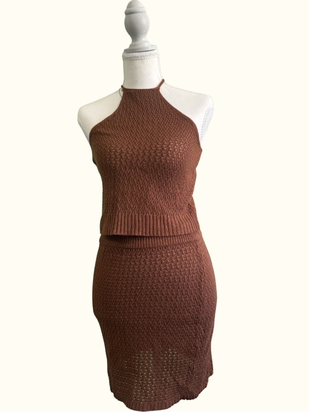 Almost Famous Brown Knit Halter Top & Midi Skirt Matching Set Size M